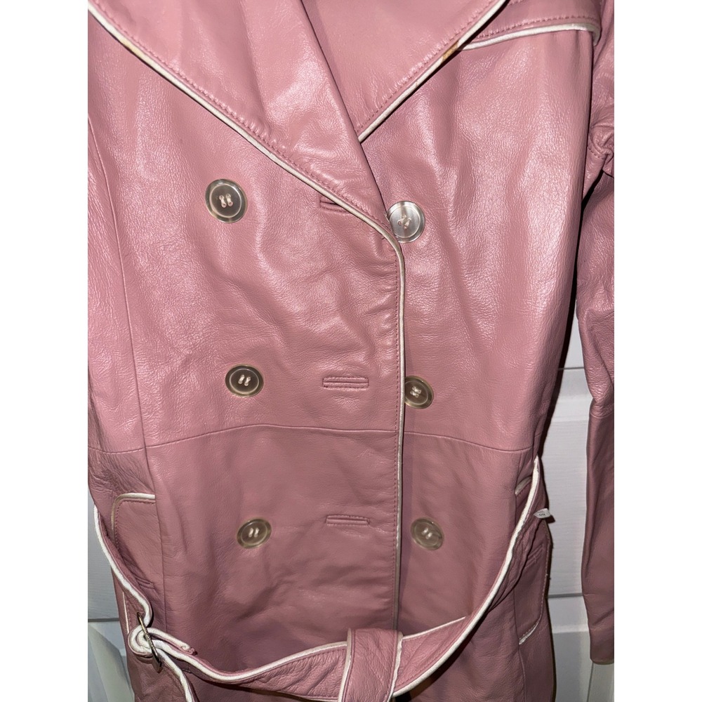 Wilsons Leather Maxima Womens Pink Leather Trench Coat Belted Leopard Lining S - Picture 2 of 5